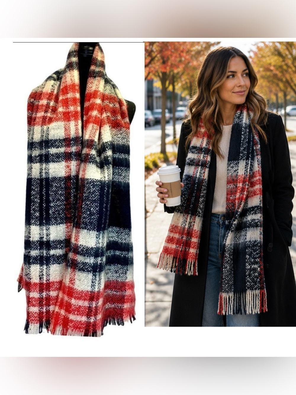 Fluffy warm red black cream scarf💥